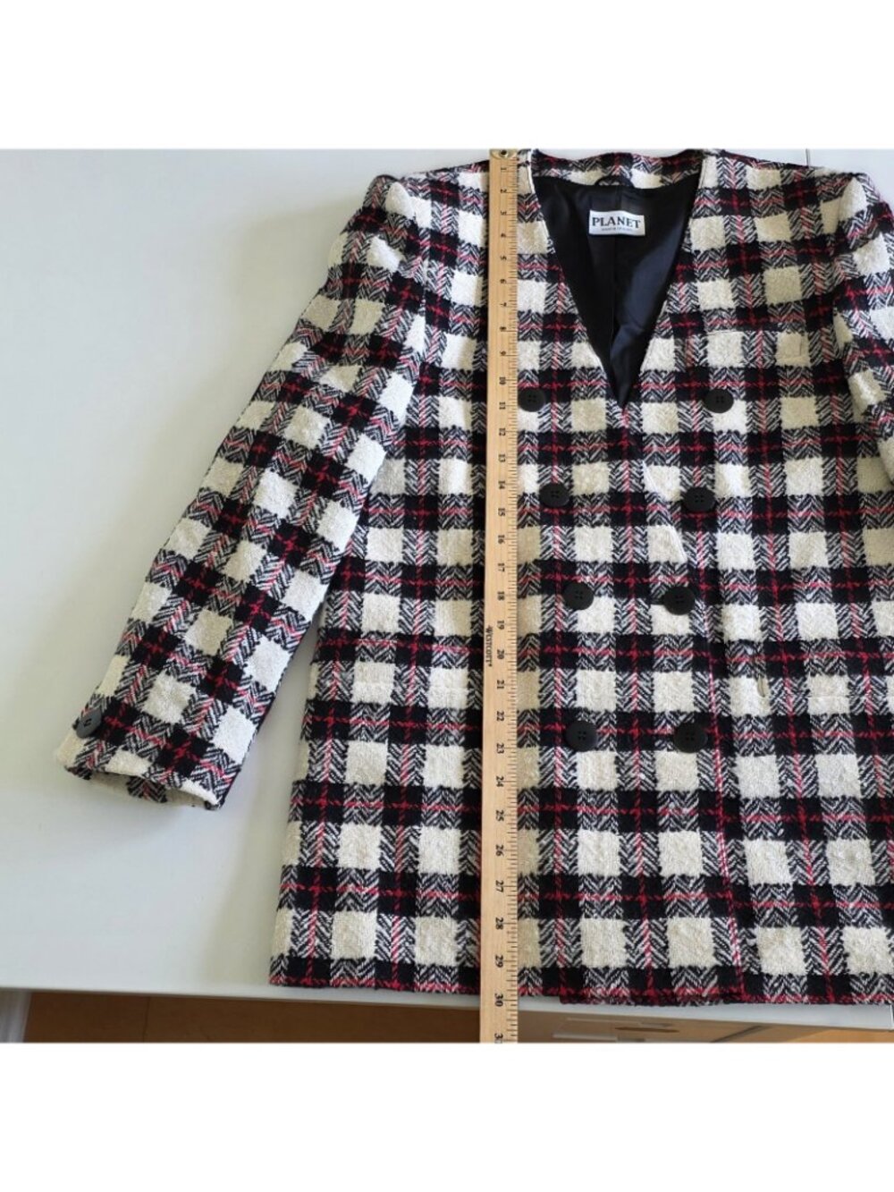 Vtg 80s Planet Plaid Blaizer US 8 Wool Blend Lined DB Colarless England Academia - Picture 7 of 16